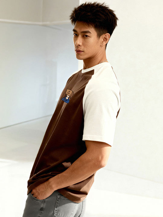 TOM MILTON Men Brown Raglan Sleeve Oversized Round Neck T-Shirt