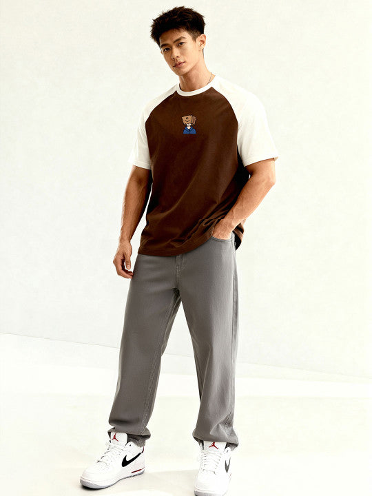 TOM MILTON Men Brown Raglan Sleeve Oversized Round Neck T-Shirt